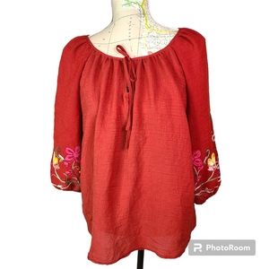 Olivia and Martin Floral Embroider Sleeve Crinkle Gauze Blouse Size Large Orange